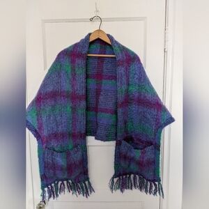 Donegal Design Cozy Plaid Fringe Open Shall in Purple, Green & Teal 100% Wool